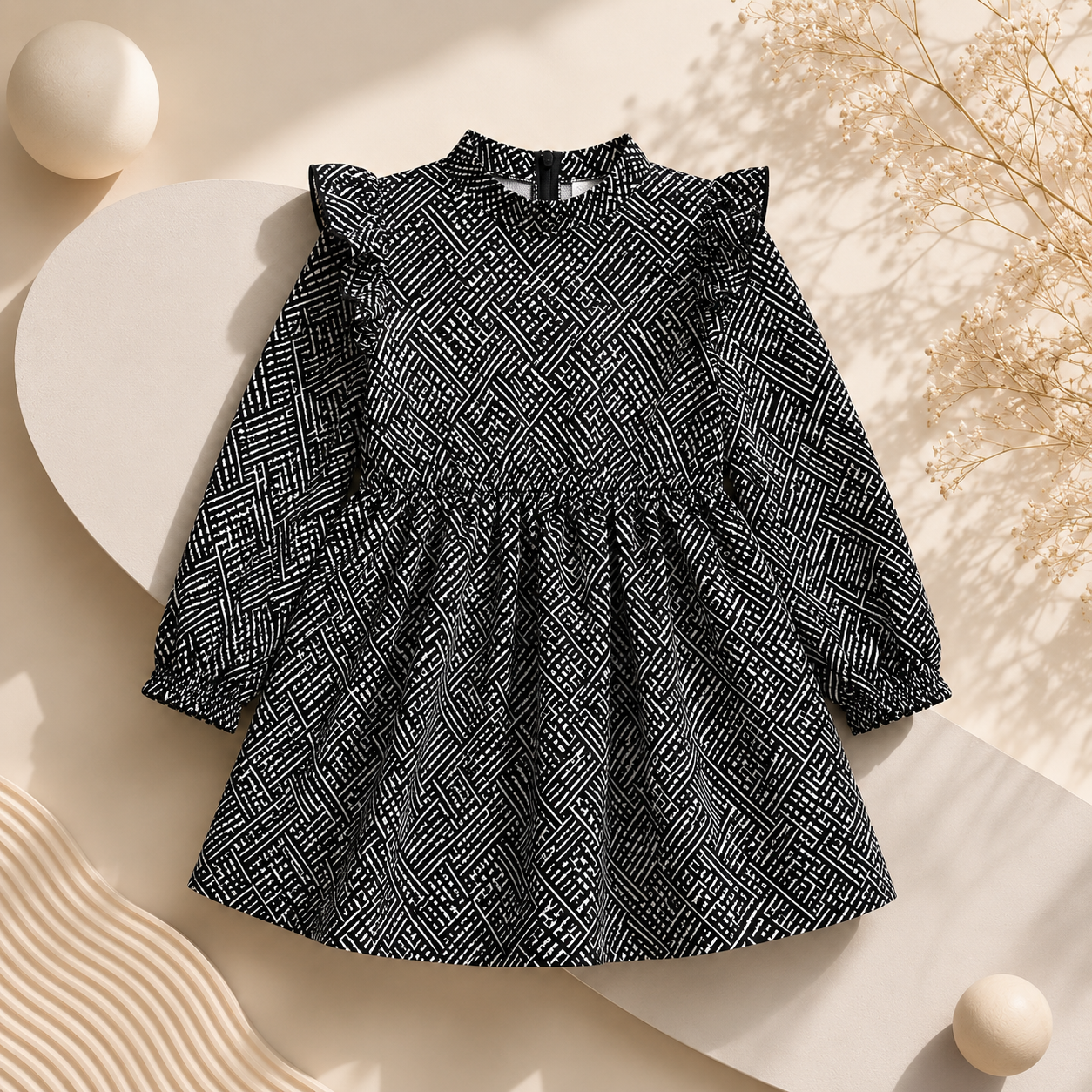 Midnight Maze Ruffle Dress