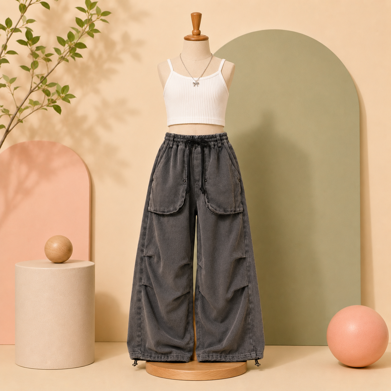 Charcoal Utility Wide-Leg Pants