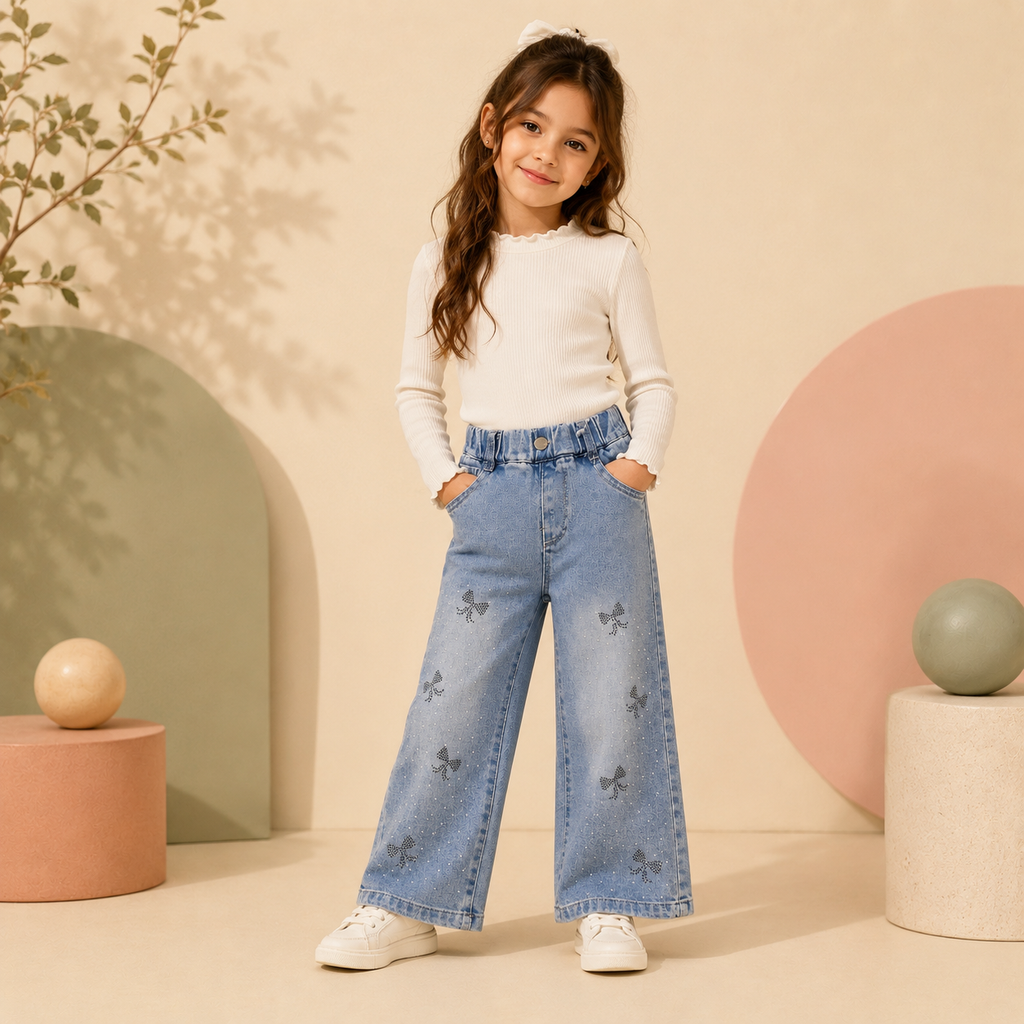 Sparkle Bow Wide-Leg Denim Pants