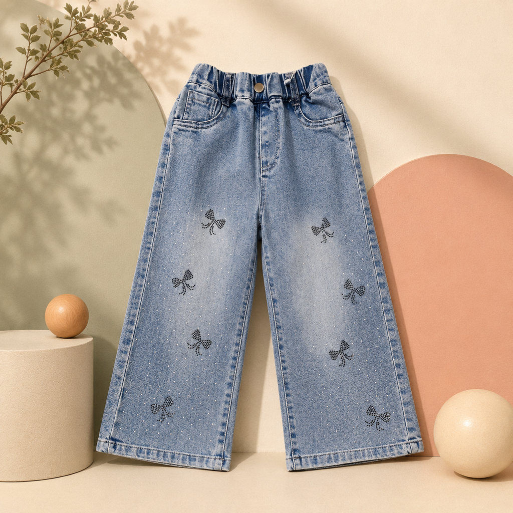 Sparkle Bow Wide-Leg Denim Pants