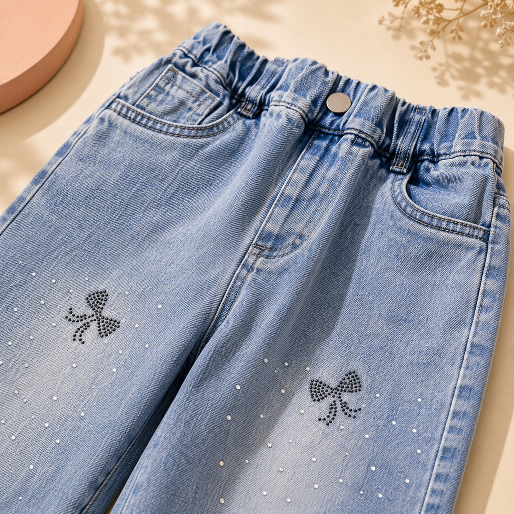 Sparkle Bow Wide-Leg Denim Pants