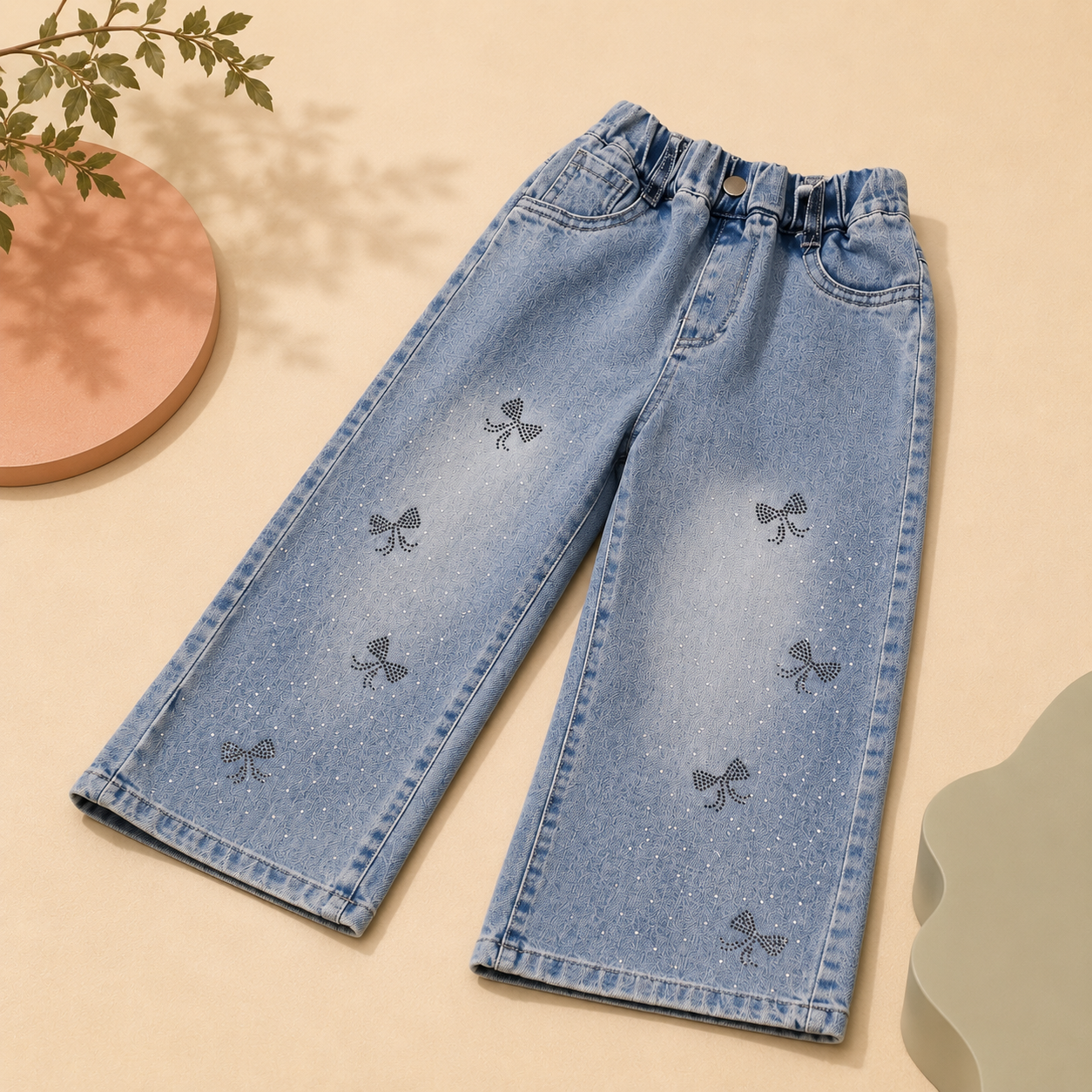 Sparkle Bow Wide-Leg Denim Pants