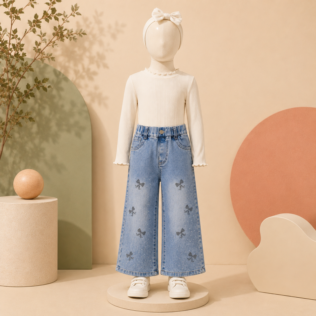 Sparkle Bow Wide-Leg Denim Pants