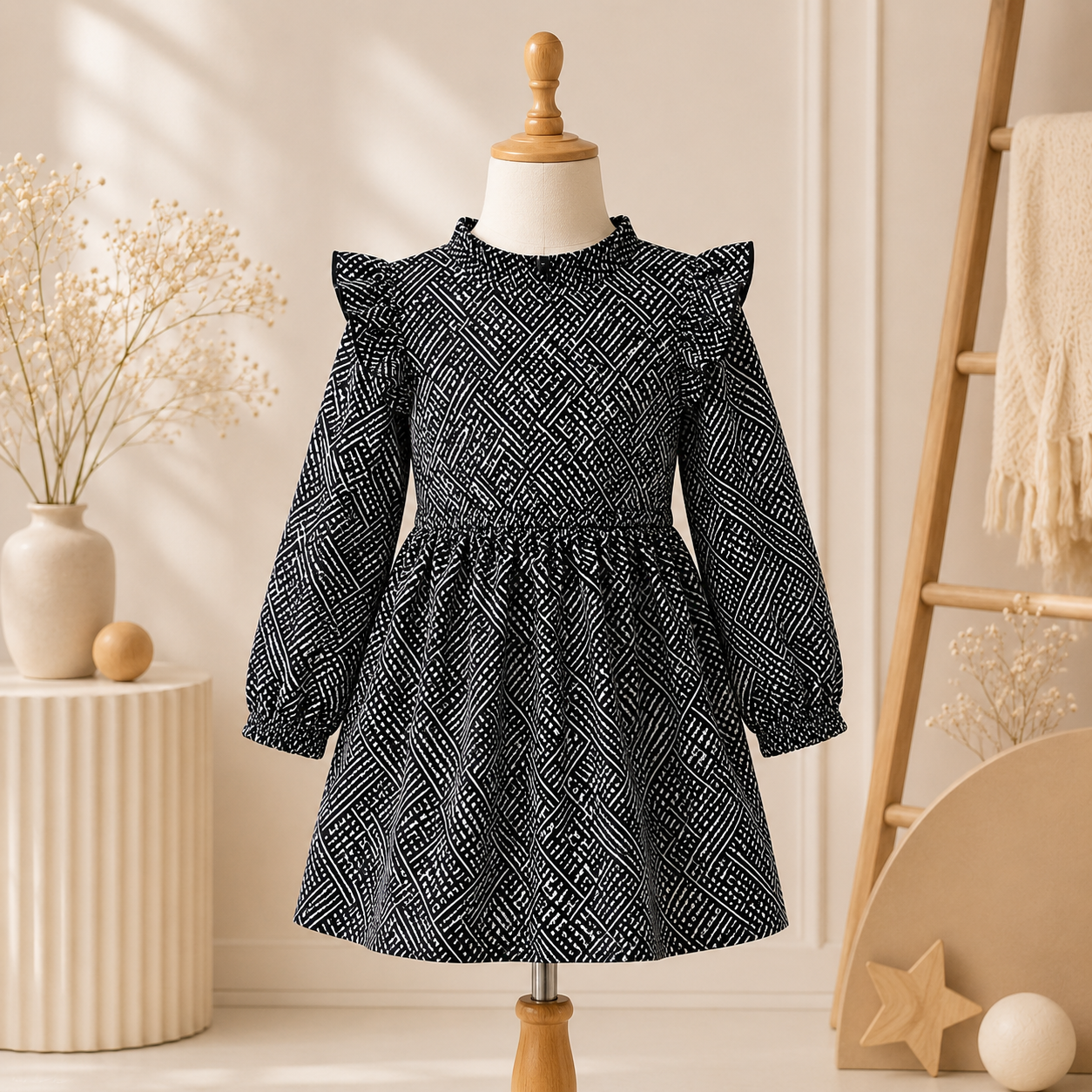 Midnight Maze Ruffle Dress