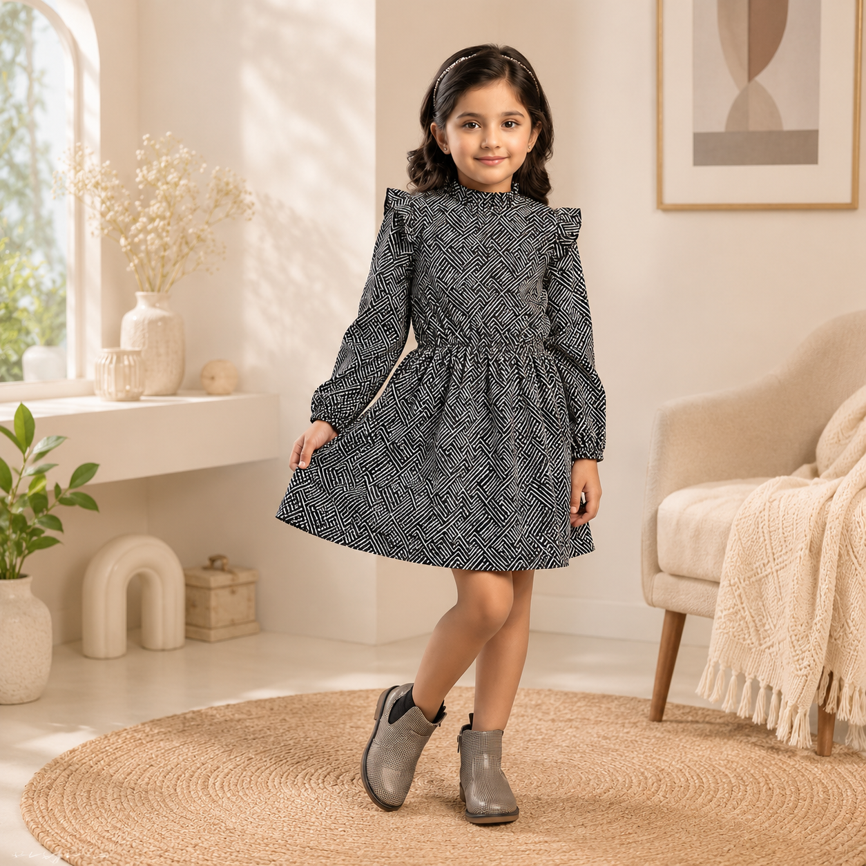 Midnight Maze Ruffle Dress